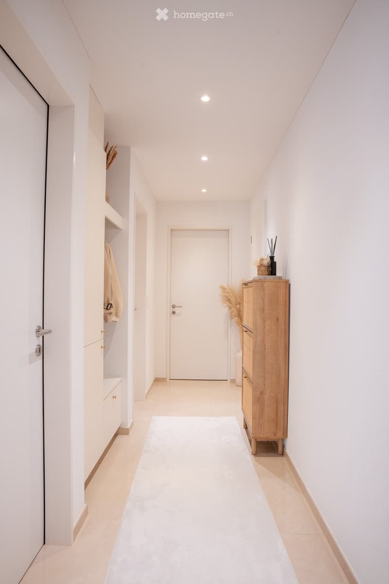 Modern hallway with white walls, light wood flooring, built-in storage, and a small wooden cabinet with decorative items on top.