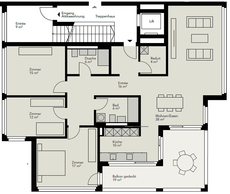 Floor plan of a 3-room apartment with a living/dining area, kitchen, bedroom, bathroom, and balcony.