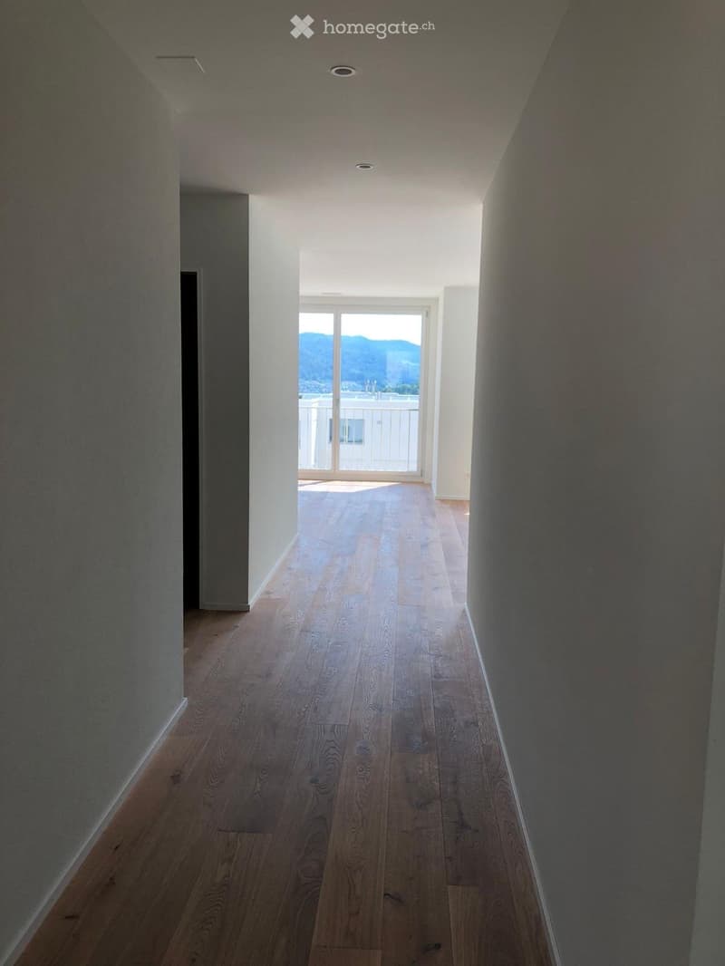 Empty hallway with wooden flooring, white walls, and recessed lighting. A large window at the end offers a view of a balcony and outdoor scenery.