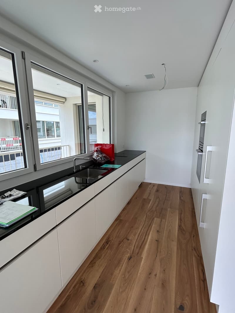 Modern kitchen with white cabinets, black countertop, wooden floor, and large windows overlooking a balcony.