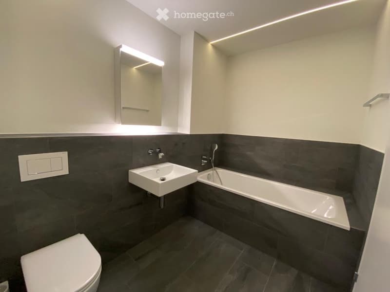Modern bathroom with dark tiled walls and floor, white fixtures including a sink, bathtub, and toilet, illuminated mirror with built-in lighting.