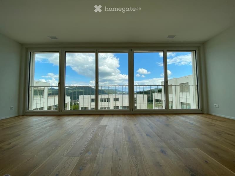 Empty room with wooden flooring and large windows offering a scenic mountain view.