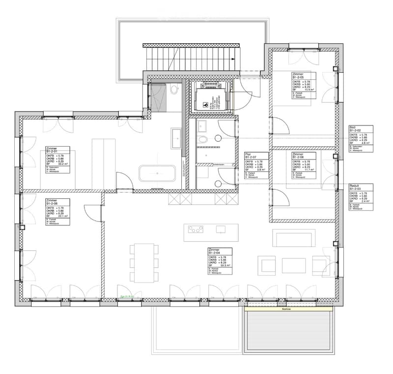 Floor plan of a multi-room residential space, including bedrooms, bathrooms, and a living area. The layout shows labeled rooms with dimensions and room numbers.
