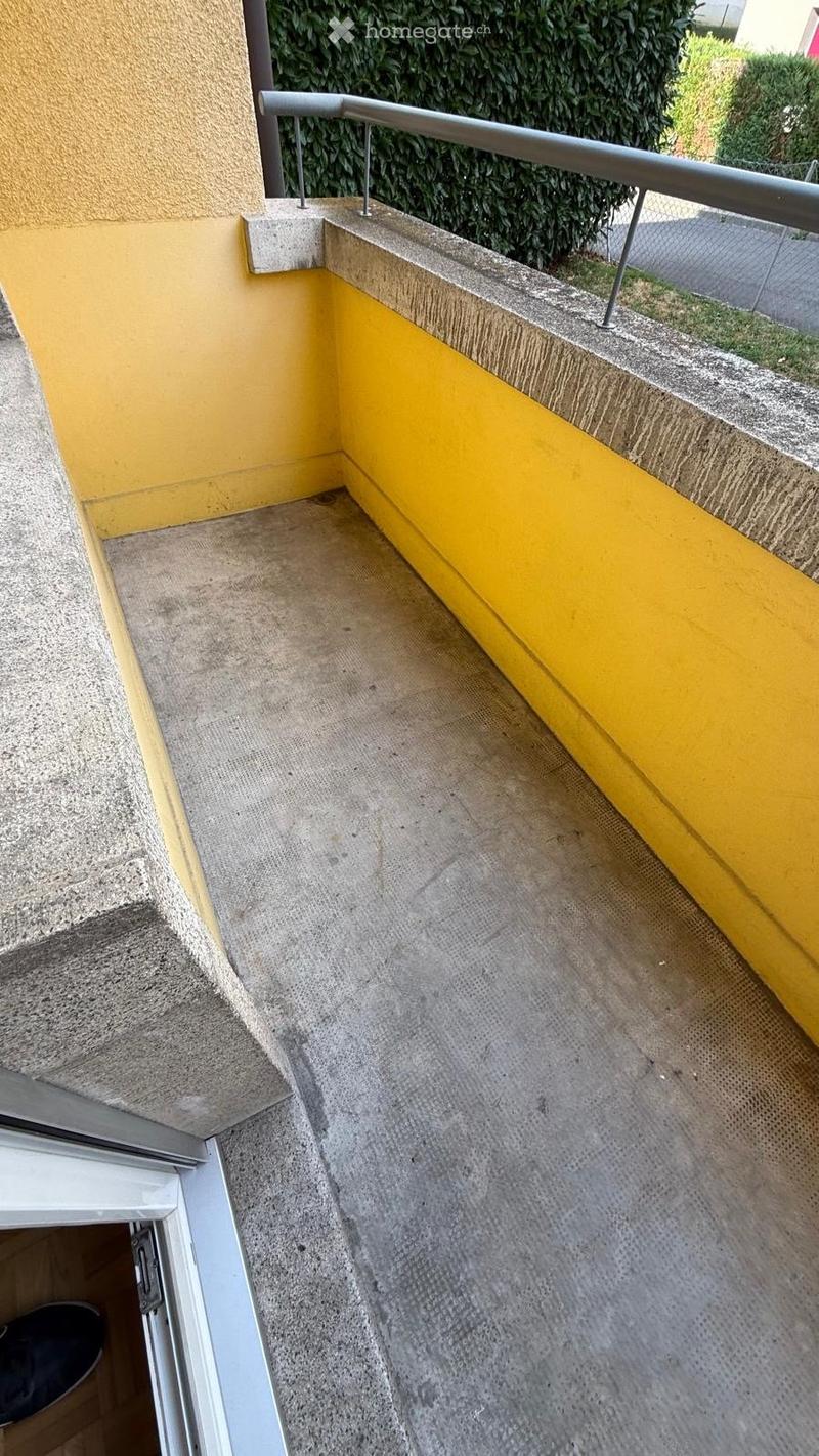 Balcony with yellow walls, concrete floor, metal railing, and a view of greenery outside.
