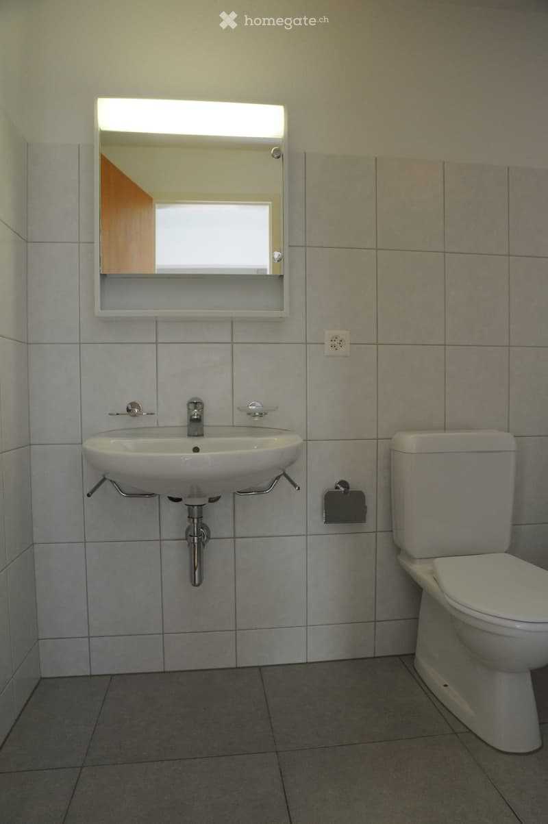 Modern bathroom with a white sink, chrome faucet, mirror with built-in lighting, and a toilet. The walls are tiled in light gray, and the floor is covered with dark gray tiles.
