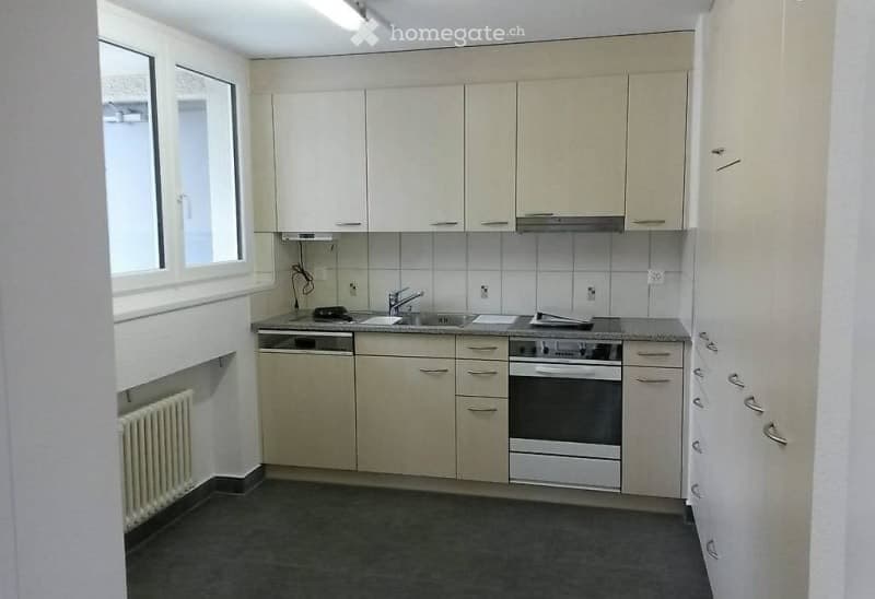 Modern kitchen with white cabinets, stainless steel appliances, and a dark grey floor. Features include a sink, faucet, oven, dishwasher, and radiator.