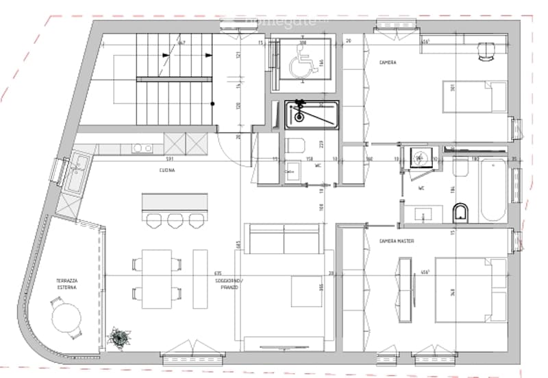 Layout includes living room, dining area, kitchen, multiple bedrooms, bathrooms, and an external terrace.