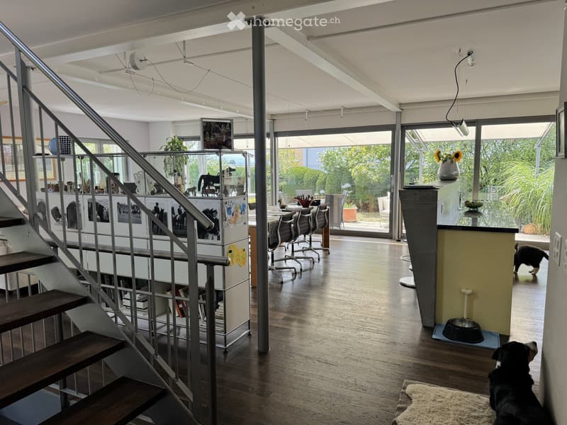 Open-plan living and dining area with modern decor, large windows, staircase leading to upper level, dining table with chairs, kitchen area with fridge, and pets present.
