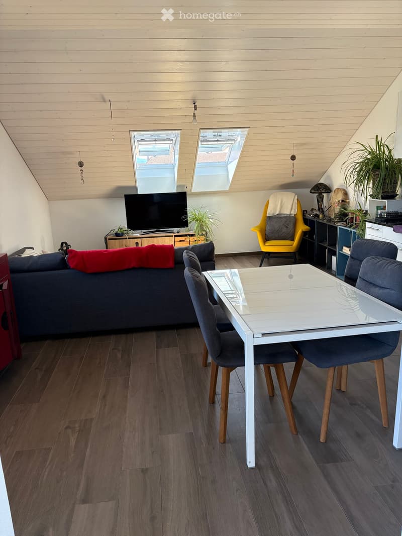 Modern living room with wooden flooring, a grey sofa, a white dining table with four chairs, a yellow armchair, a television, and several plants.