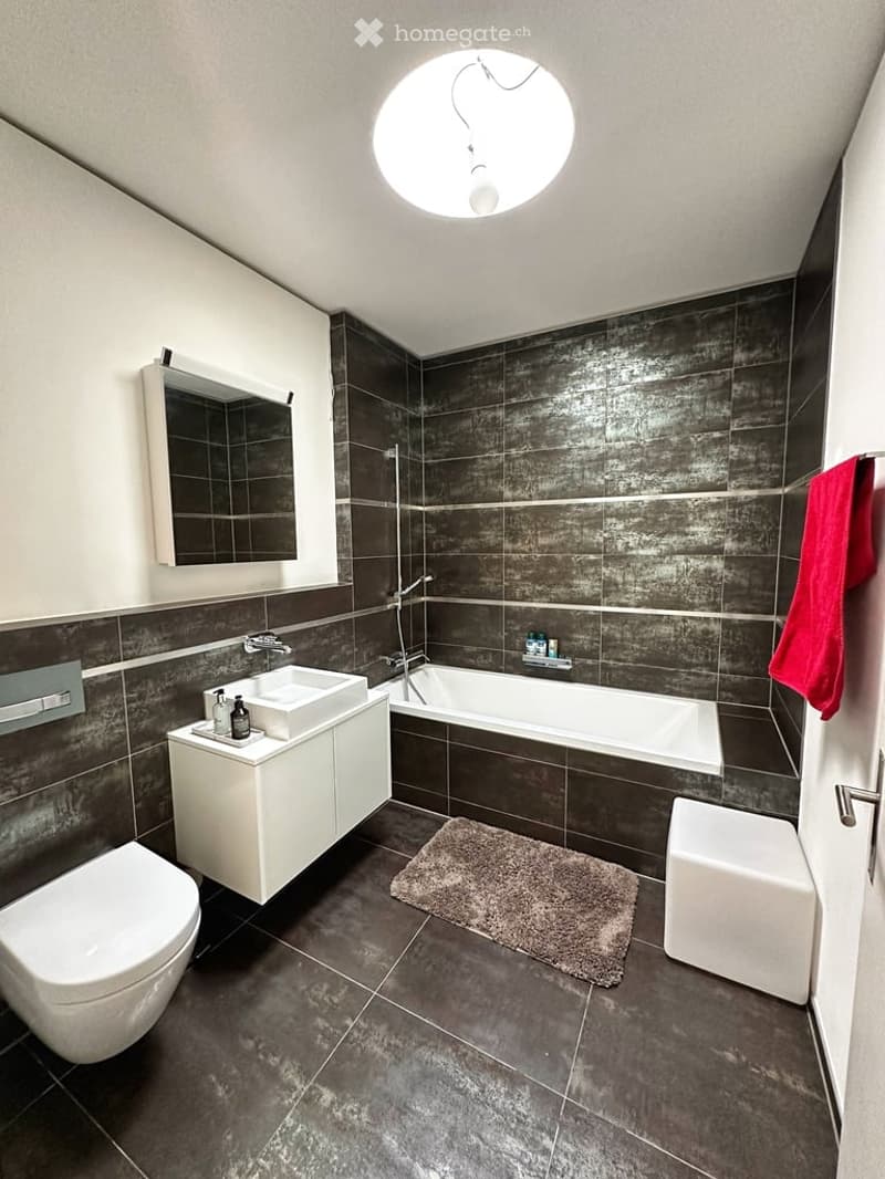 Modern bathroom with dark grey tiles, white fixtures, a large round ceiling light, a bathtub, a sink with a mirror, and a toilet.