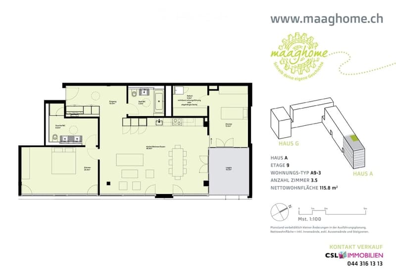Floor plan of a 3.5-room apartment with living room, kitchen, bedroom, and bathroom.