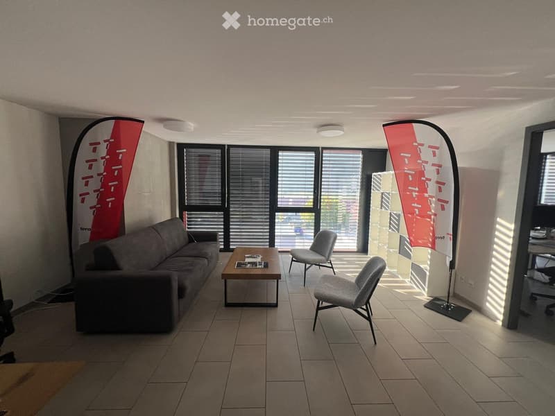 Modern living room with a grey sofa, coffee table, and two chairs, large windows with blinds, and decorative banners on either side.