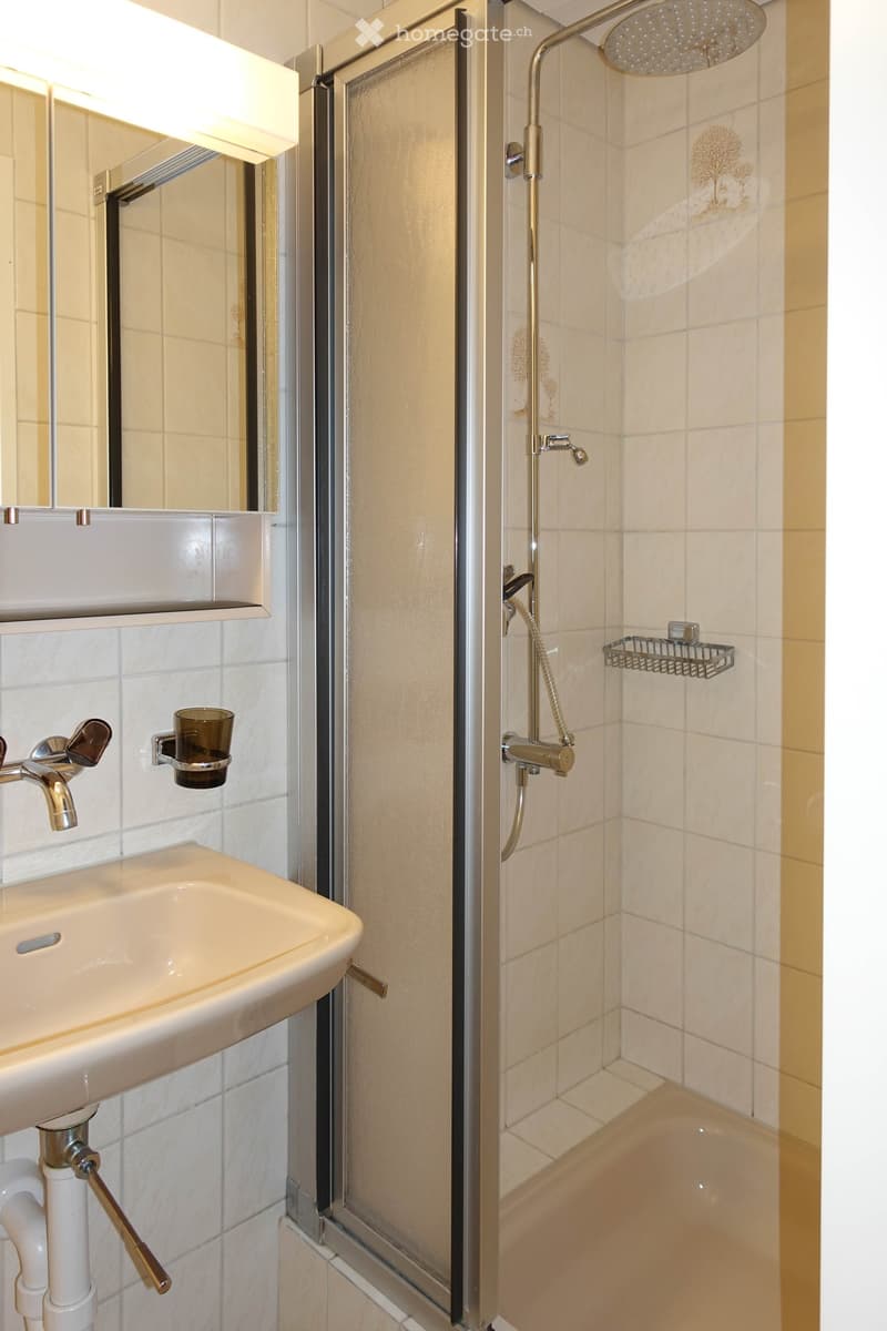 Bathroom with shower, sink, mirror, and tiled walls