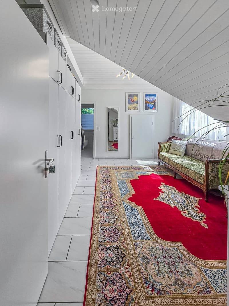 Bright, modern living space with white walls, a large red and blue patterned rug, a sofa with decorative pillows, a mirror, and framed artwork on the wall.