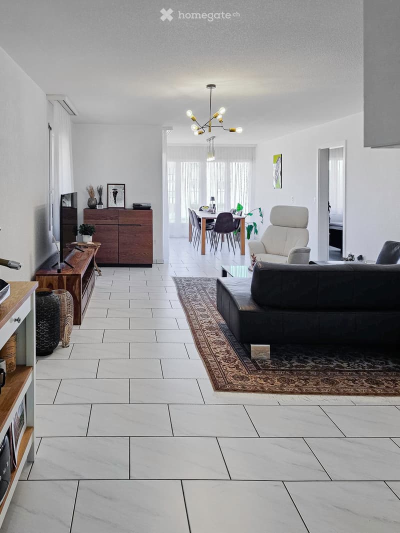 Open-plan living and dining area with a sofa, armchair, coffee table, dining table, chairs, cabinet, TV, and decorative items.