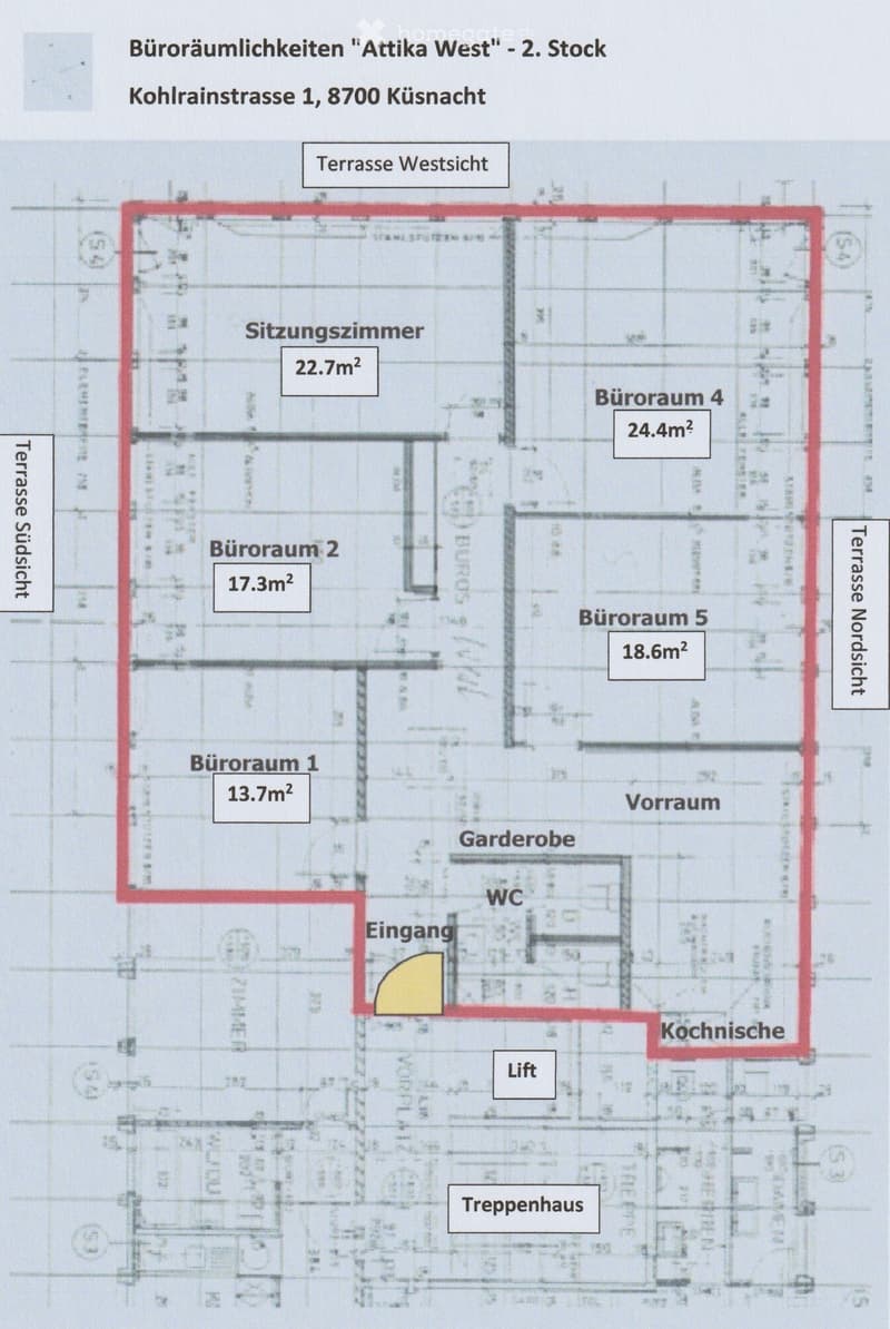 Floor plan of office spaces on the 2nd floor, including meeting room, five offices, hallway, storage, kitchen, WC, and staircase.