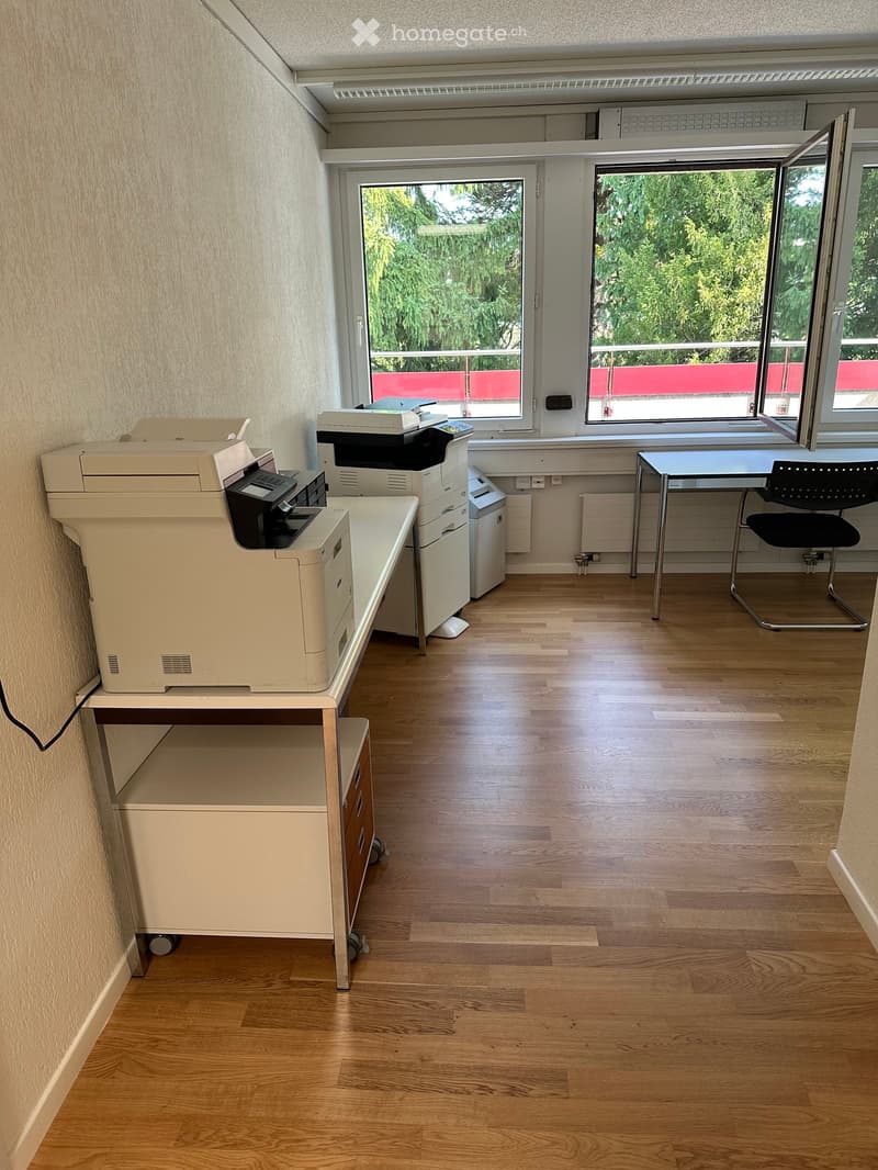 Office space with wooden flooring, large windows, printer, table, and chair.