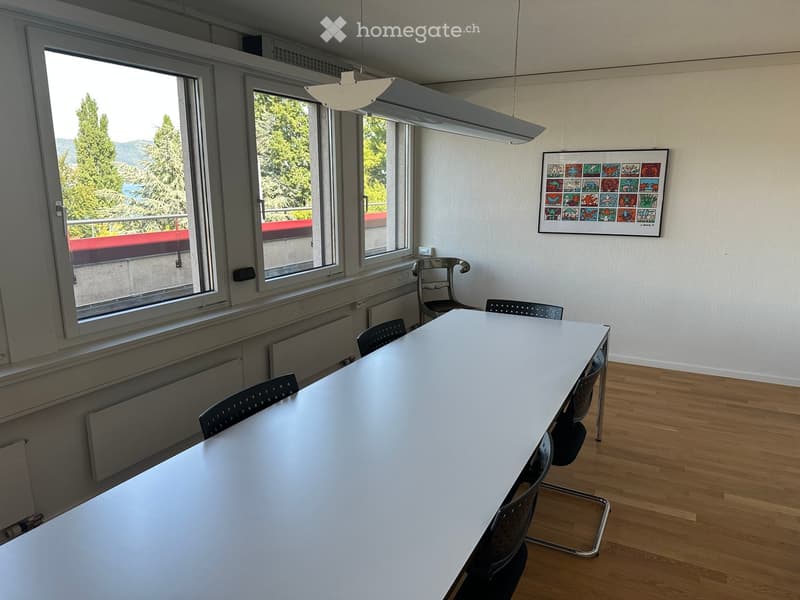 Bright, modern room with large windows offering a scenic view, a long white table surrounded by black chairs, and a colorful artwork on the wall.