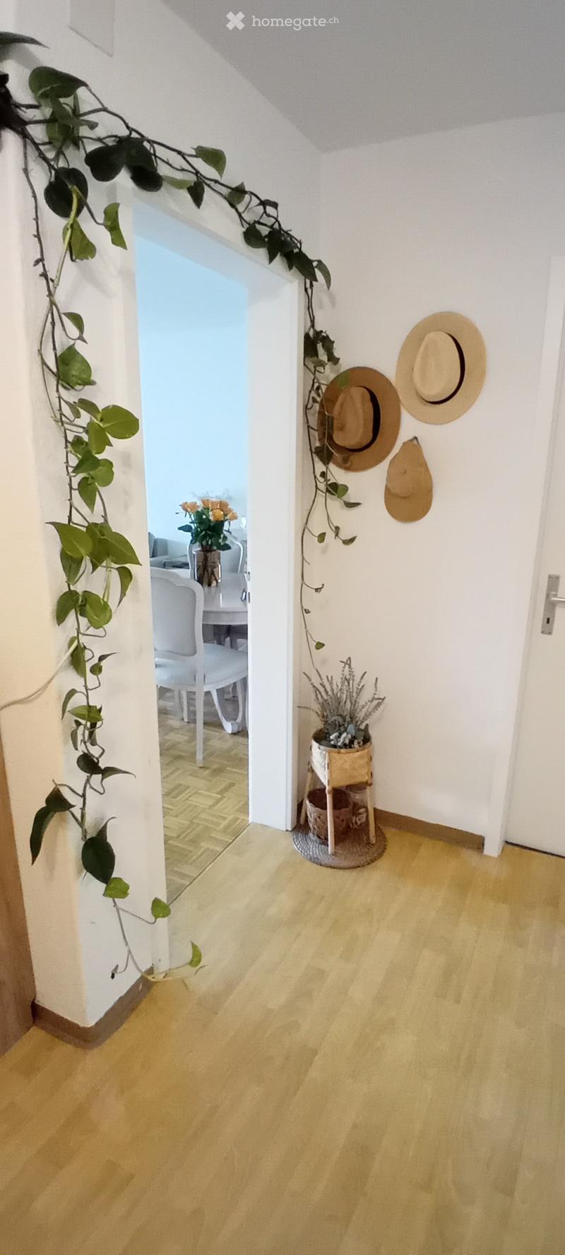 A narrow hallway with light wooden flooring, white walls, and a small decorative area featuring hats, a potted plant, and a small table with a vase of flowers visible in the adjacent room.
