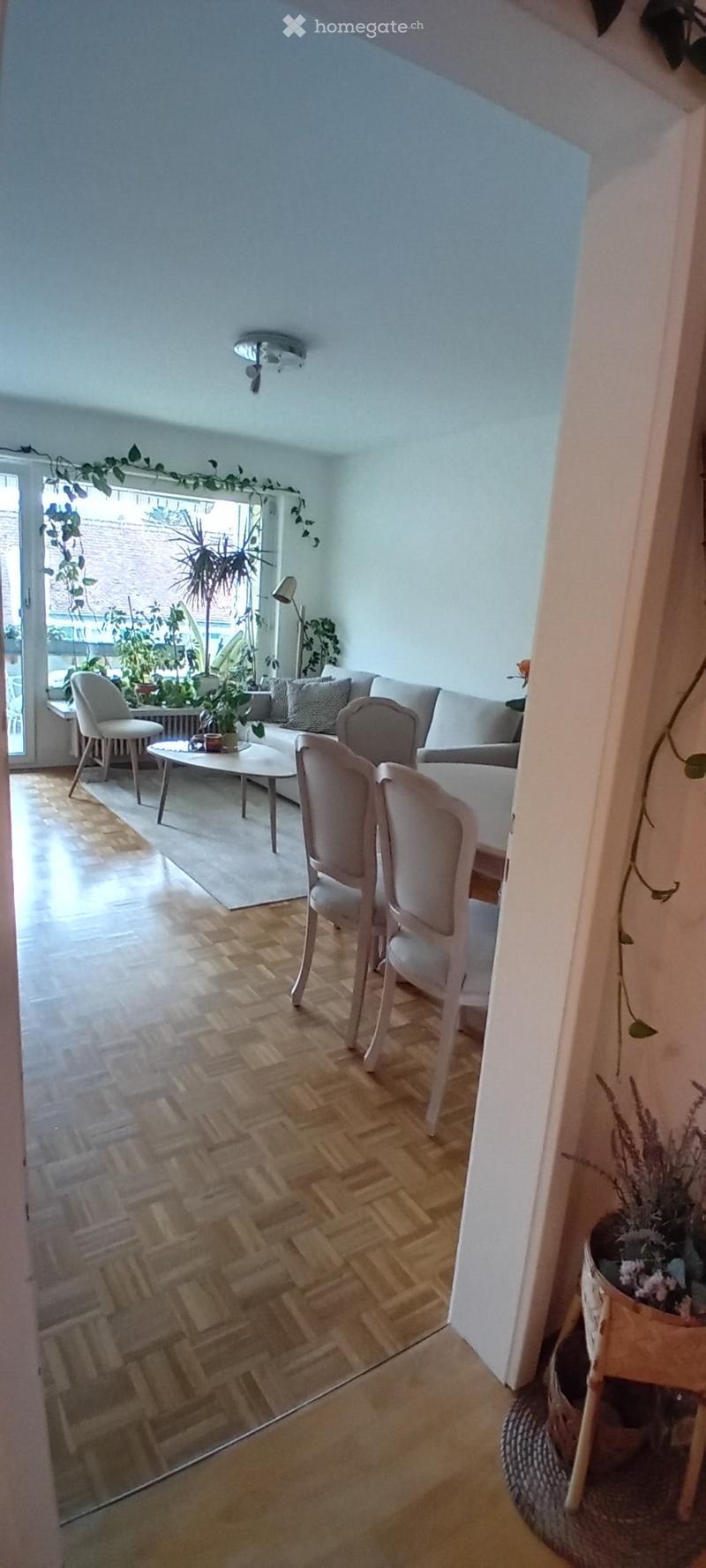 Modern living room with light blue walls, wooden herringbone flooring, and large windows. Features a grey sofa, coffee table, dining chairs, and potted plants.
