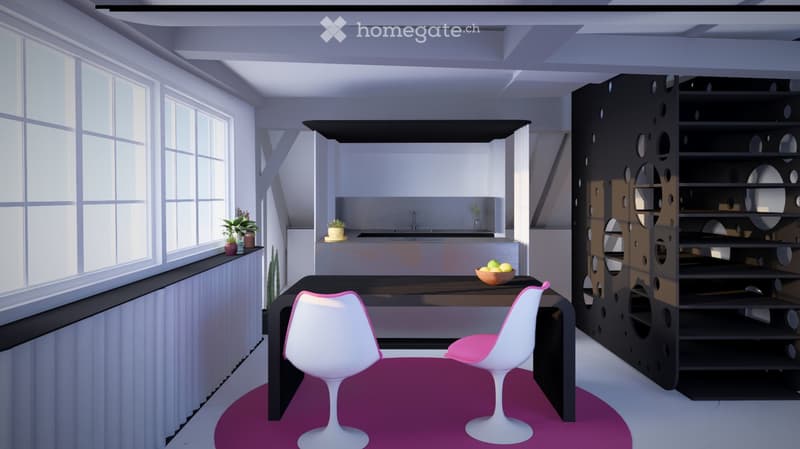 Modern kitchen with white and black decor, featuring a black shelf unit, a sink, a small table with two chairs, and a bowl of fruit on the counter.