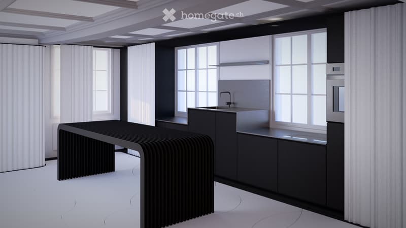 Modern kitchen with sleek black cabinets, a central island table, and a sink with a faucet. Large windows with white curtains provide natural light.