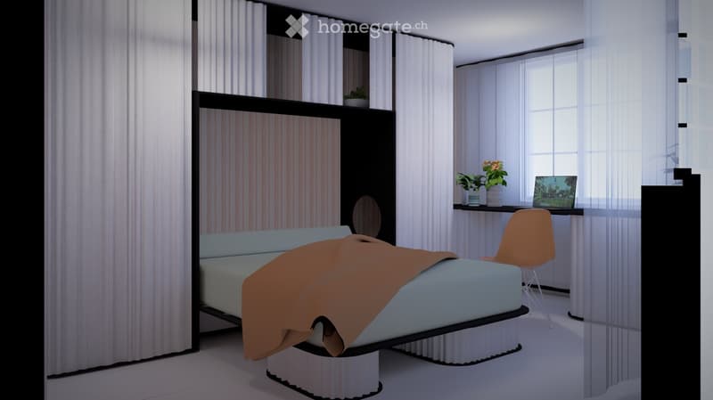 Modern bedroom with a large bed, a sleek black headboard, a modern chair, a desk with a laptop, and potted plants on the windowsill.
