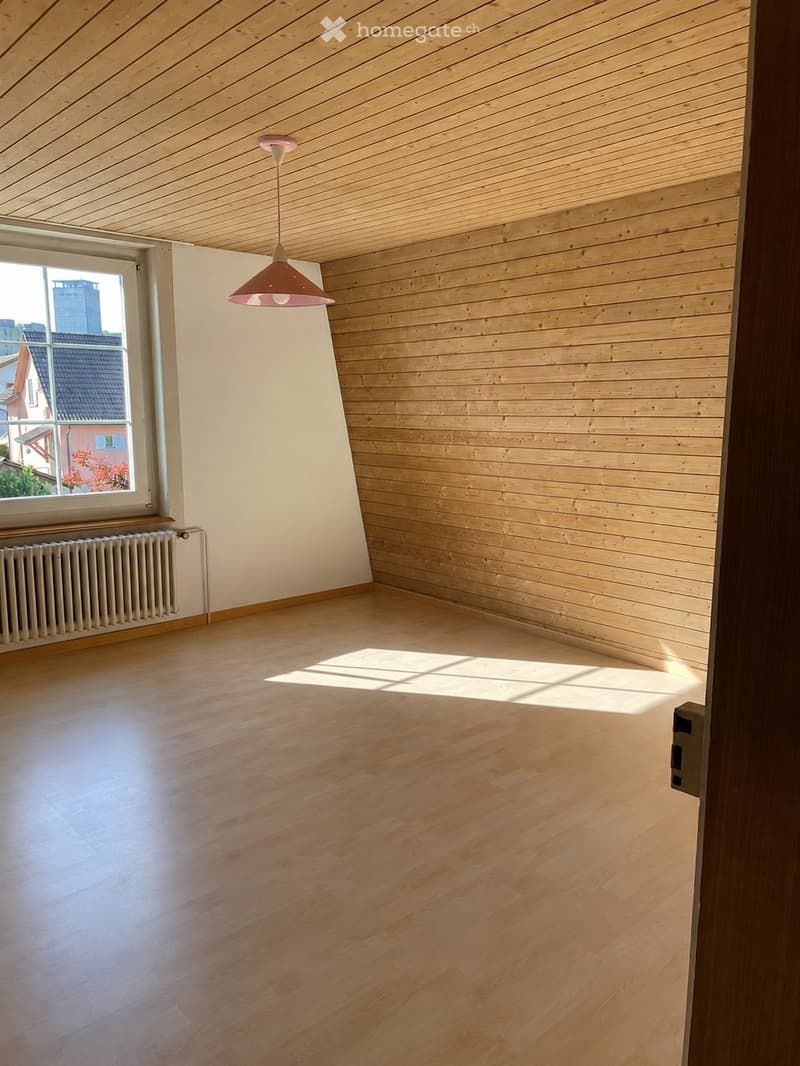Empty room with wooden flooring, white walls, and a large window letting in natural light. Features a modern pendant light fixture and a radiator under the window.