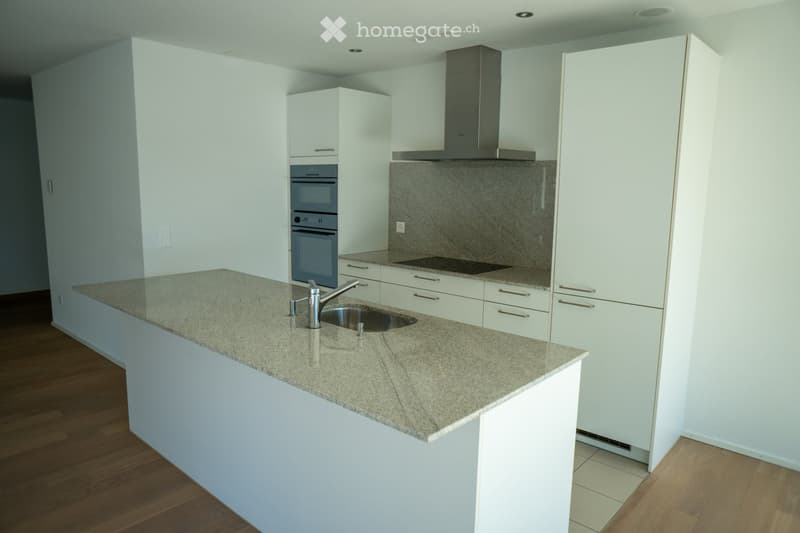 Modern kitchen with white cabinets, granite countertop, stainless steel sink and faucet, built-in oven, and range hood.