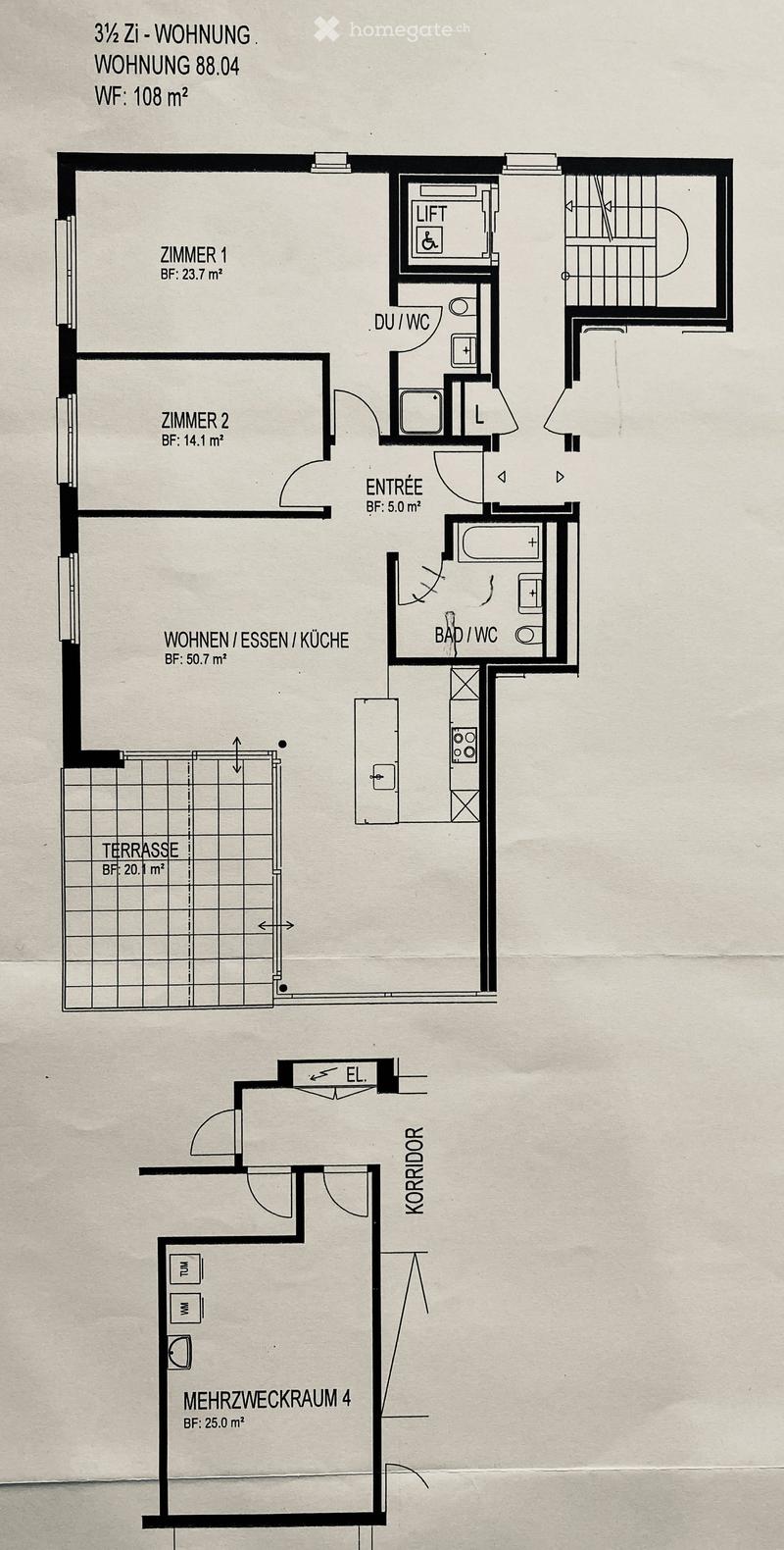 Floor plan of a 3.5-room apartment with 88.04 square meters, including living/dining/kitchen area, two bedrooms, bathroom, entrance, and terrace.