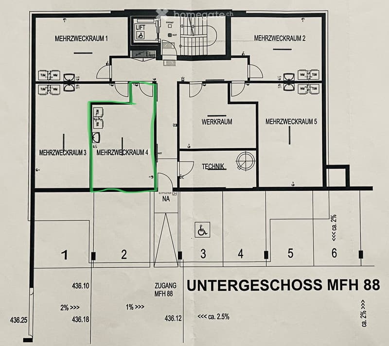 Floor plan of the basement level of a multi-family house (MFH 88), showing multiple multipurpose rooms, a workshop, technical area, and access points.