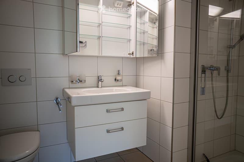 Modern bathroom with white tiles, a white sink with a chrome faucet, a mirrored cabinet with glass shelves, and a glass-enclosed shower area.