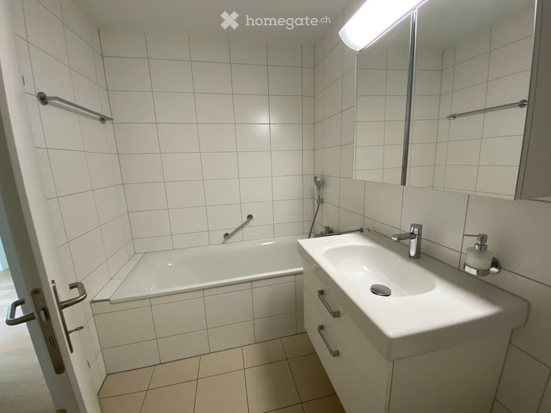 Modern bathroom with white tiled walls and floor, featuring a bathtub, a sink with a modern faucet, a large mirror, and a soap dispenser. Handrails are installed for safety.