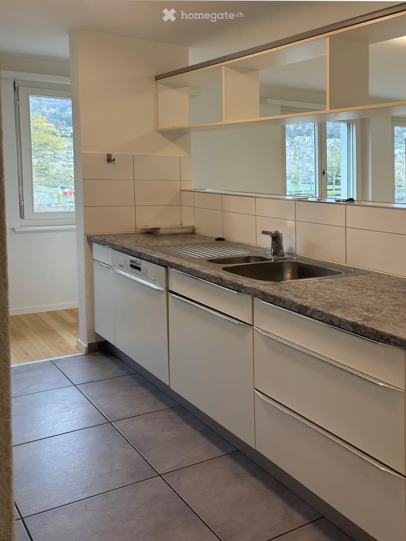 Modern kitchen with white cabinets, granite countertop, double sink, and built-in dishwasher. Large windows provide natural light.