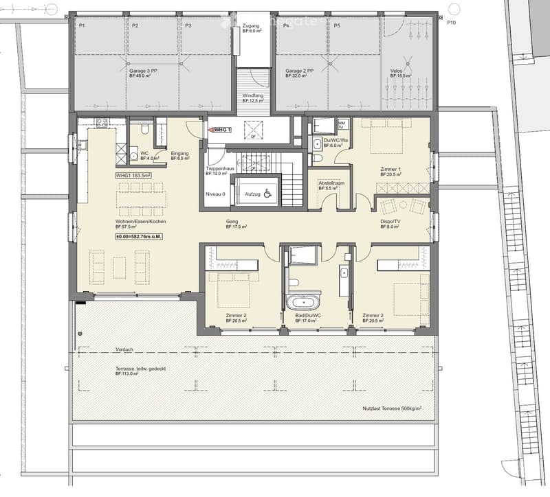 Floor plan showing a multi-level residential layout with living spaces, bedrooms, bathrooms, garage, and outdoor terrace.