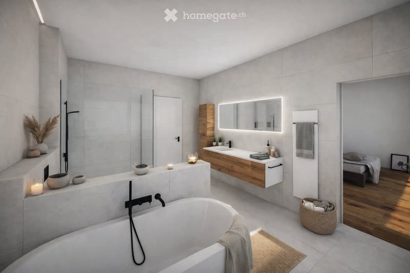 Modern bathroom with a freestanding bathtub, double sink vanity with wooden accents, large mirror with LED lighting, and decorative elements including candles and a wicker basket.