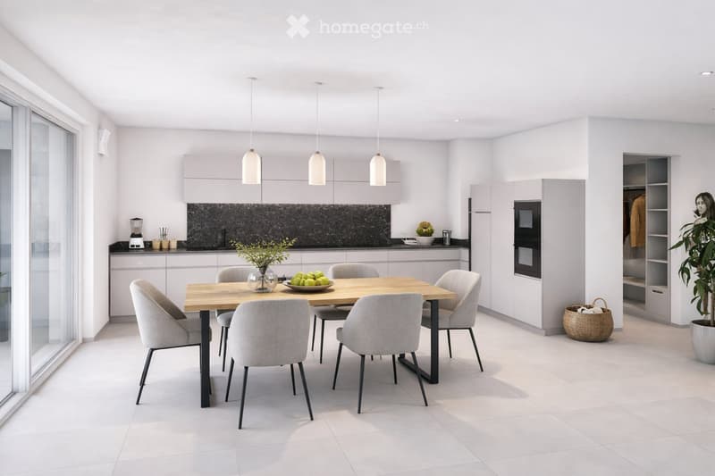 Modern kitchen and dining area with white cabinets, a wooden dining table, six chairs, and various appliances including a blender and an oven. The space features a black backsplash, pendant lights, and a potted plant near the window.