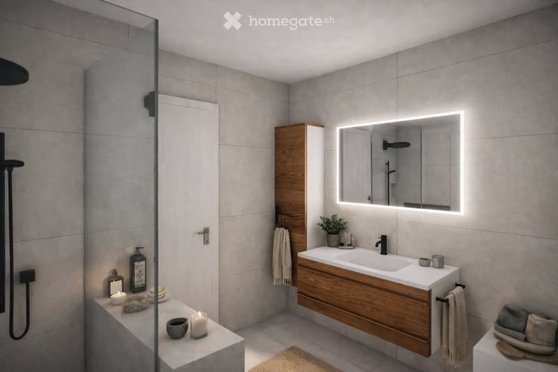 Modern bathroom with a white sink, wooden cabinet, illuminated mirror, and a glass-enclosed shower area.