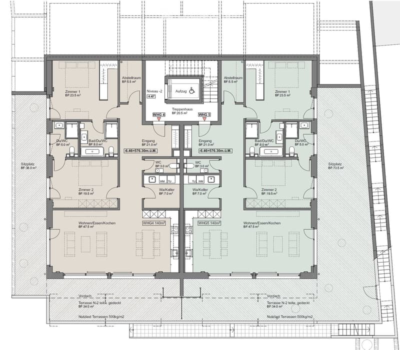 Floor plan of a multi-unit residential building with two apartments (WHG4 and WHG5), each featuring living/dining/kitchen areas, bedrooms, bathrooms, and storage spaces. Includes stairwell, elevator, and terraces.