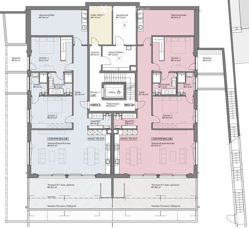 Floor plan of a multi-unit building with three apartments, each featuring living spaces, bedrooms, bathrooms, and shared utility areas. Includes a staircase, elevator, and terraces.