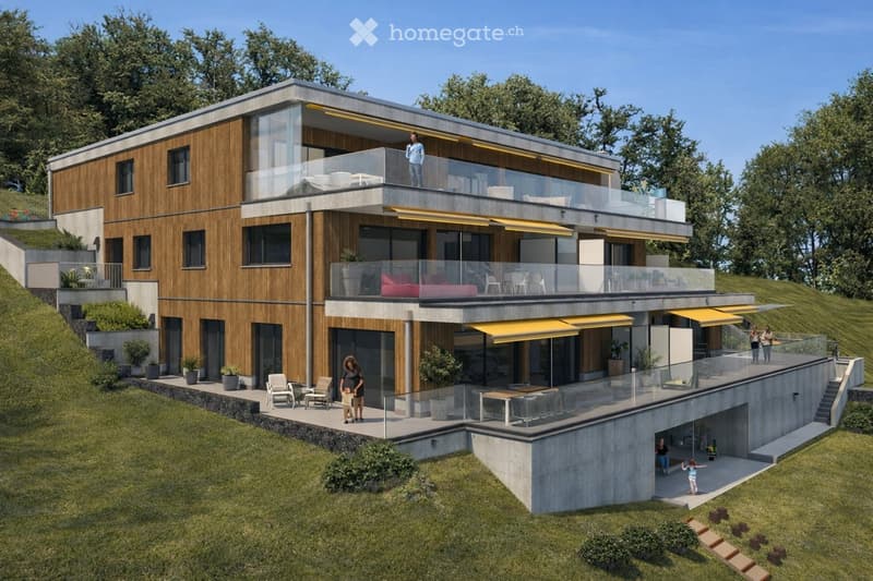 Modern two-story house with wooden and concrete exterior, large glass balconies, outdoor seating areas, and a raised ground floor.