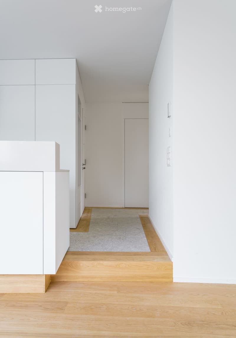 A modern, minimalist hallway with light wooden flooring, white walls, and built-in white cabinetry on one side. A small rug is placed in the center, and there are two doors visible at the far end.