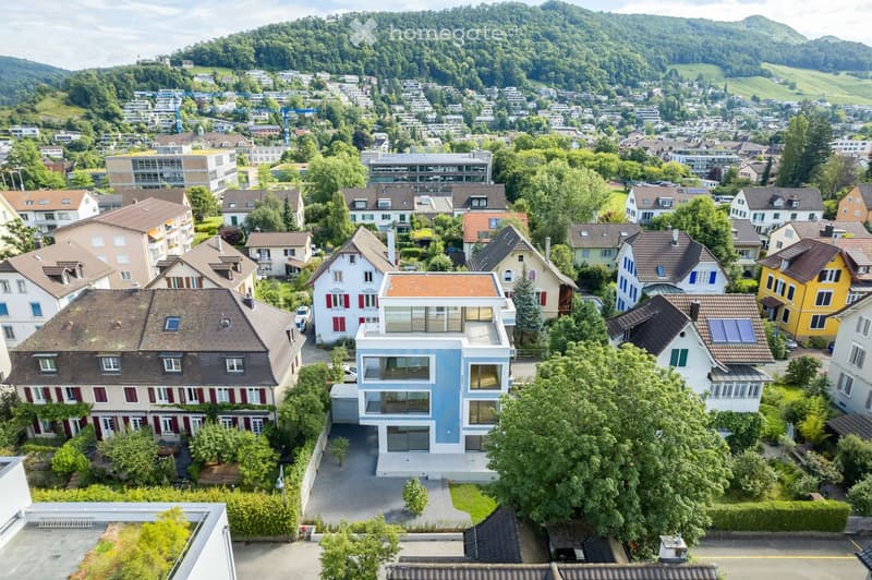 Aerial view of a residential neighborhood with various houses, trees, and a scenic backdrop of hills and greenery.