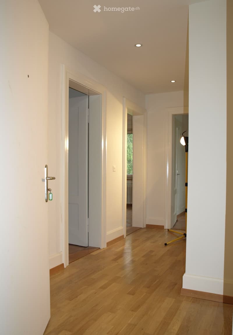 Bright, clean hallway with wooden flooring, white walls, and several doors leading to other rooms.