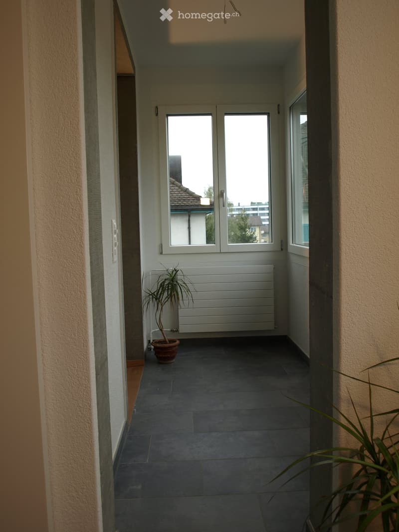 A narrow hallway with dark tiled flooring, white walls, a radiator, and a potted plant near the entrance. The hallway leads to a double door with large windows offering a view of the outside.