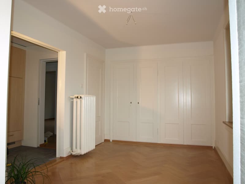 Empty room with wooden flooring, white walls, and a radiator. There are several closed white doors and a small plant in the corner.