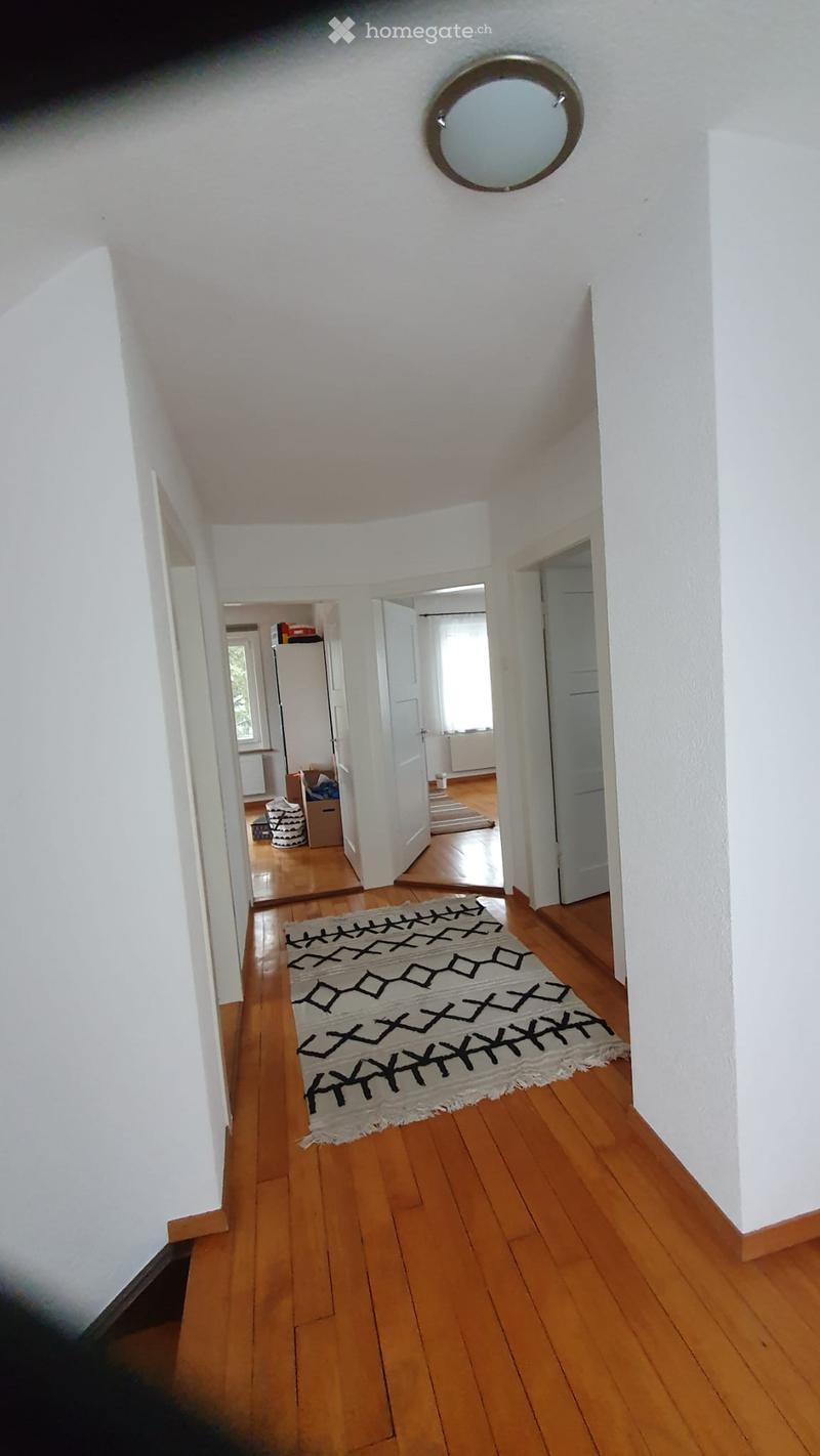 A long, narrow hallway with wooden flooring, white walls, and a round mirror on the ceiling. A patterned rug lies on the floor, and several doors lead to adjacent rooms.