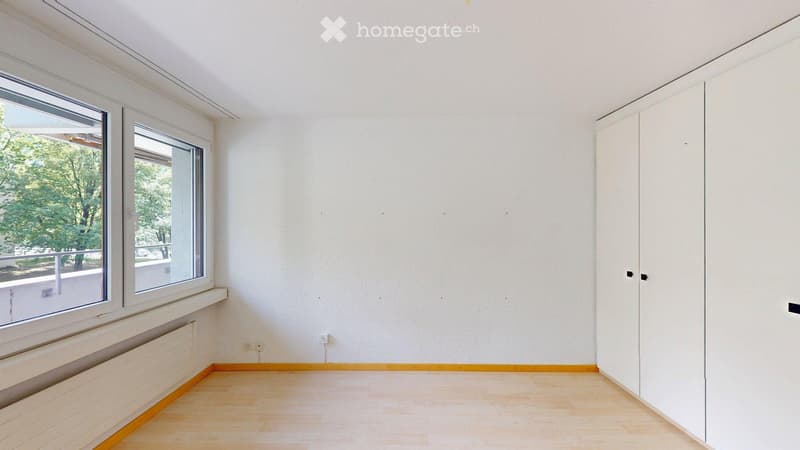 Empty room with light wooden flooring, white walls, large windows, and built-in white closet units.