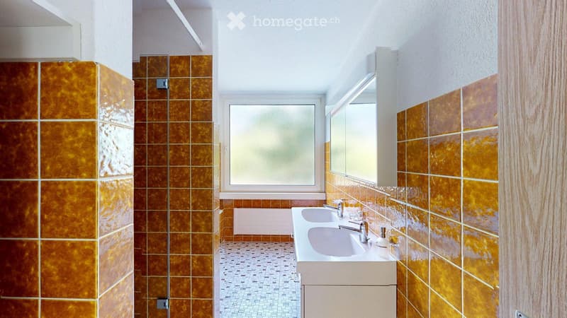 Modern bathroom with orange tiles, double sink, mirror, and frosted window.