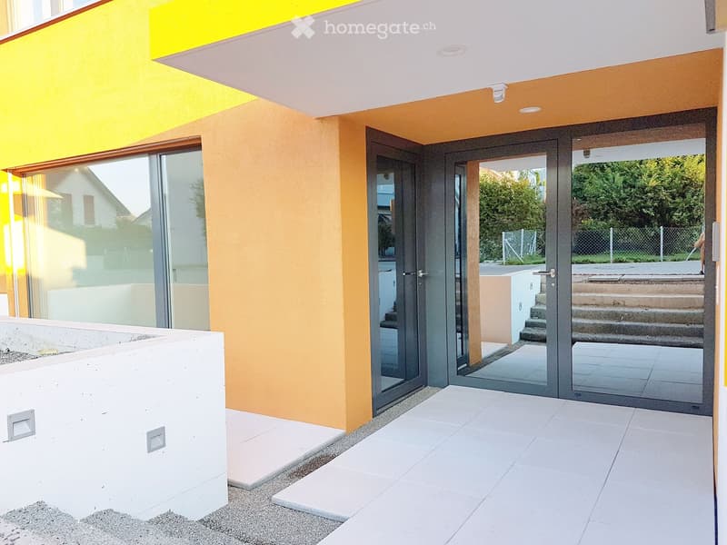 Entrance with raised ground floor, double doors, glass walls